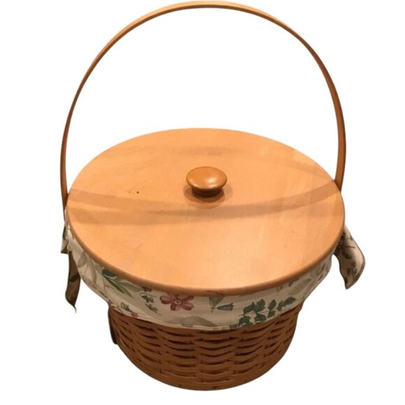 Longaberger Large Round Brown Basket with Floral Liner and Lid Three Tier - Picture 1 of 7